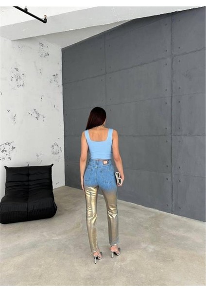 Diz Yırtık Varaklı Mom Kot Pantolon - Gold