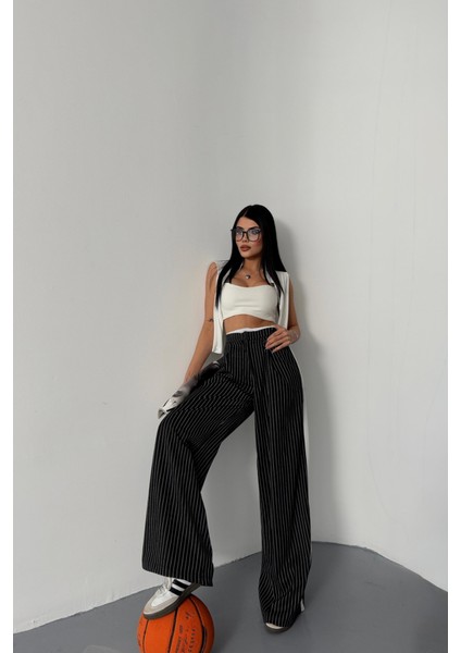 Çizgili Yanlar Şerit Detaylı Pantolon - Siyah