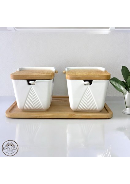 Bambu Kapaklı Porselen Kaşıklı 2'li Bambu Standlı Tuzluk Biberlik 300 Ml(Cmr) fiyatları