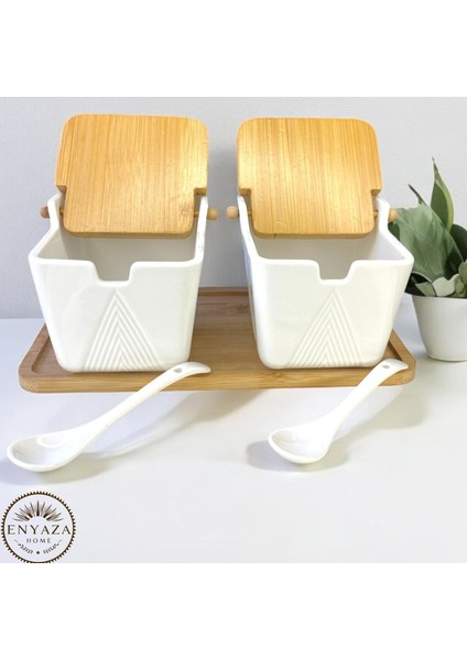 Bambu Kapaklı Porselen Kaşıklı 2'li Bambu Standlı Tuzluk Biberlik 300 Ml(Cmr) modelleri