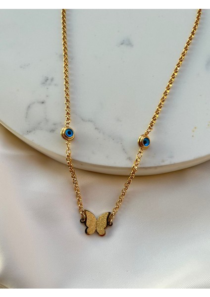 Gold Zincir Kelebek Nazar Motifli Kararmaz Çelik Kadın Kolye Yazlık Kolye Abiye Kolye Vintage Kolye