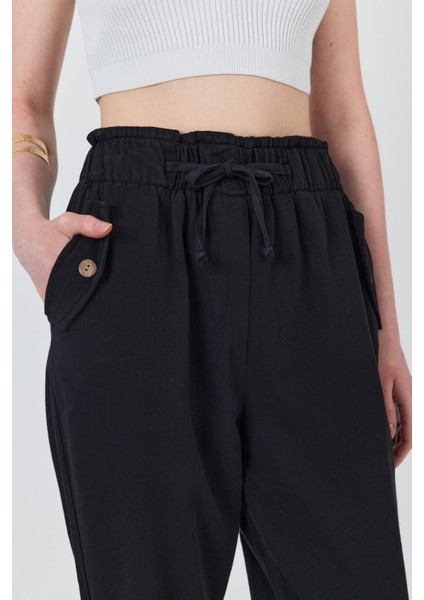 Siyah Cep Düğme Detaylı Bel Lastikli Pantolon 006 fırsatları