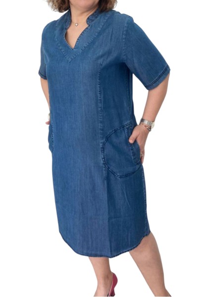 Büyük Beden Ince Kot Denim Kumaş V Yaka Kısa Kollu Iki Cepli Elbise