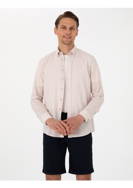Erkek Bej Keten Karışımlı Regular Fit Uzun Kollu Gömlek 50303388-VR011
