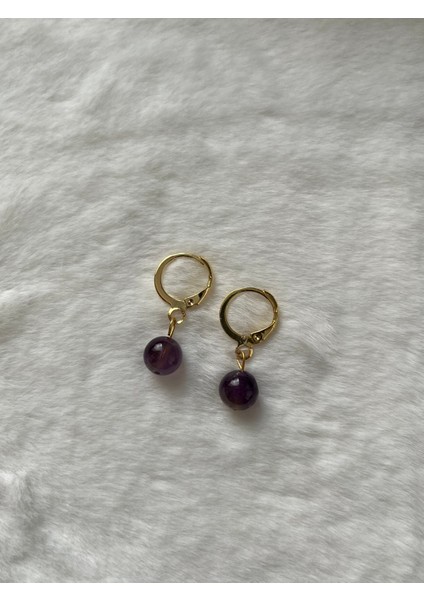 8 mm Ametist Taşı Altın Kaplama Halka Küpe