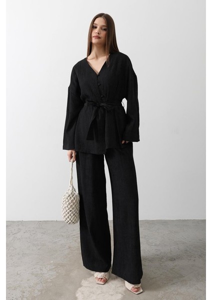 Beli Bağlamalı Tunik ve Beli Bağlamalı Pantolon Takım - Siyah