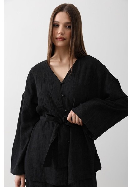 Beli Bağlamalı Tunik ve Beli Bağlamalı Pantolon Takım - Siyah fiyatları