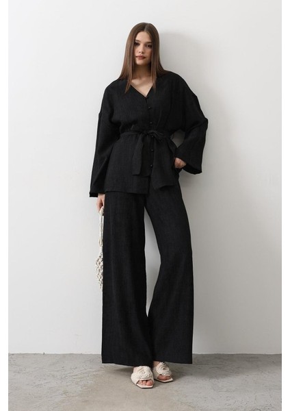 Beli Bağlamalı Tunik ve Beli Bağlamalı Pantolon Takım - Siyah modelleri