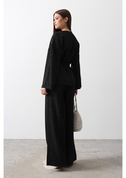 Beli Bağlamalı Tunik ve Beli Bağlamalı Pantolon Takım - Siyah fırsatları