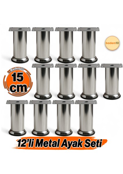 (12 Adet) Metal Krom 15 cm Ayakları Baza Mobilya Koltuk Kanepe Yatak Çekyat Destek Yükseltme Ayağı