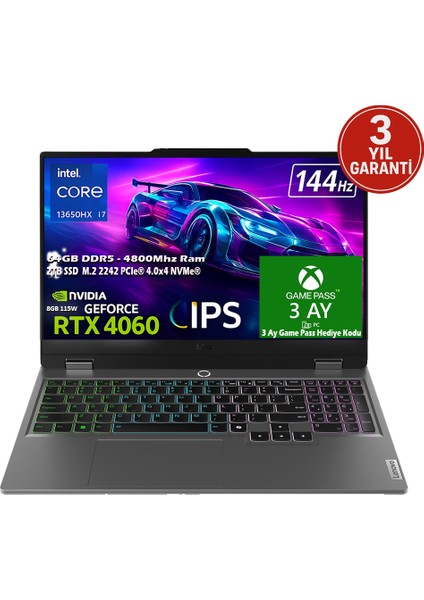 LOQ 15IRX9 Intel Core i7 13650HX 64GB 2TB SSD RTX 4060 (115W) 15.6" Srgb 144Hz FHD IPS Panel Freedos Taşınabilir Bilgisayar 83DV011GTRH5