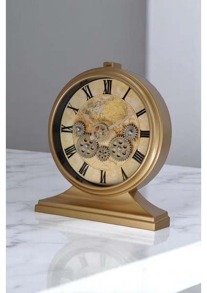 Premium Serisi Modern Kadranlı Döner Çarklı 32X28 cm Ev ve Ofis Masa ve Duvar Saati Roma Rakamlı Harita Baskılı Gold