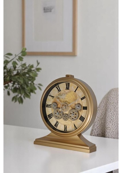 Premium Serisi Modern Kadranlı Döner Çarklı 32X28 cm Ev ve Ofis Masa ve Duvar Saati Roma Rakamlı Harita Baskılı Gold