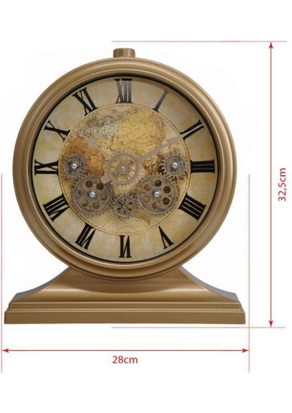 Premium Serisi Modern Kadranlı Döner Çarklı 32X28 cm Ev ve Ofis Masa ve Duvar Saati Roma Rakamlı Harita Baskılı Gold