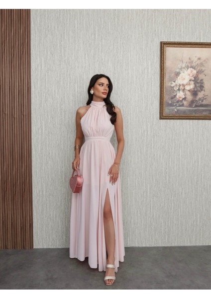 Halter Yaka Yırtmaçlı Kloş Uzun Elbise