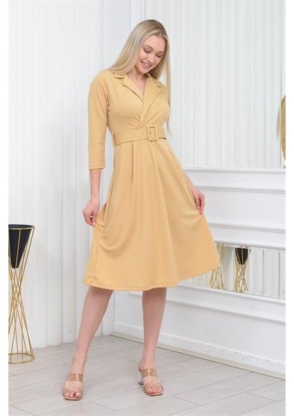 Dipmoda Kadın Kemer Detaylı Midi Boy Elbise DKS016