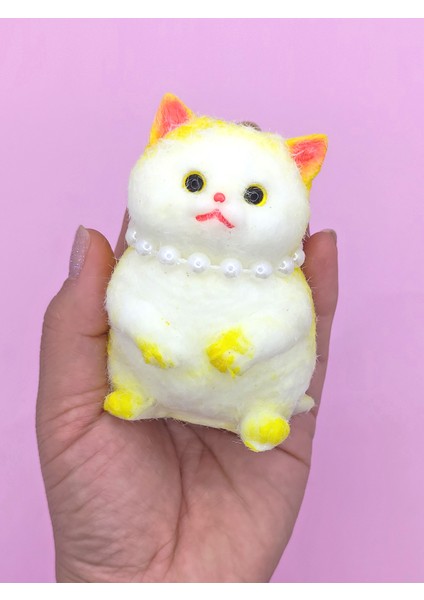 Kedi Süslü Squishy Kedi Taba Sukuşi Tüylü Yumuşacık 8 cm - Sarı