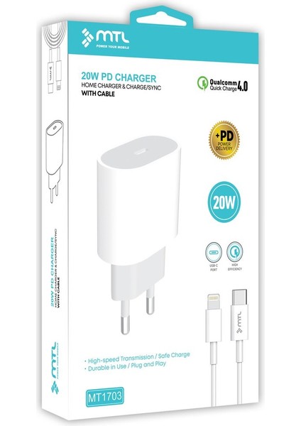 iPhone 11 Uyumlu Lightning Pd Type-C Girişli 20W Şarj Seti MT1703