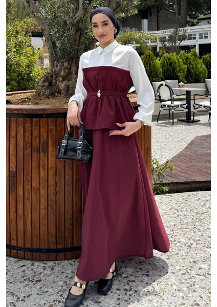 Ön Tokalı Gömlek Garnili Bluz Etek Tesettür Ikili Takım P-00017077