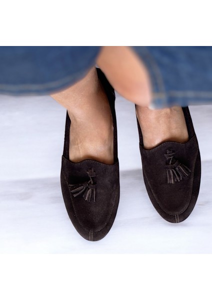 Kahve Süet Hakiki Deri Püsküllü Kadın Loafer Ayakkabı