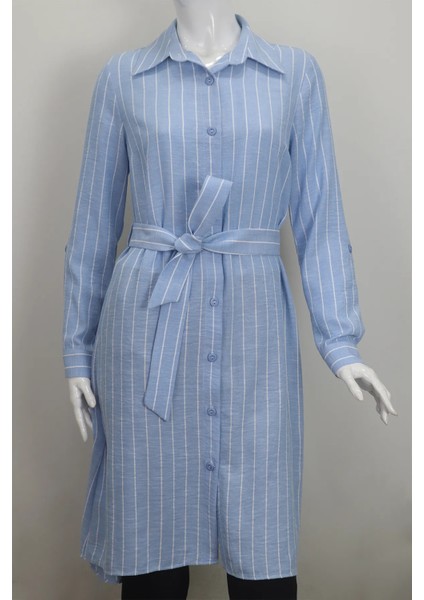 Fistan Store Kadın Açık Mavi Çizgili Spor Kesim Beli Fularlı Rahat Kalıp Yazlık Tunik