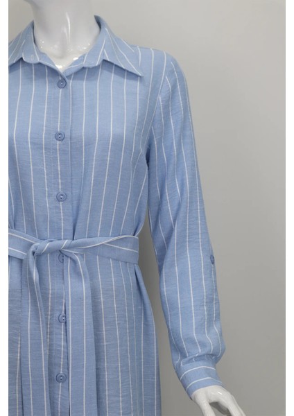 Fistan Store Kadın Açık Mavi Çizgili Spor Kesim Beli Fularlı Rahat Kalıp Yazlık Tunik modelleri