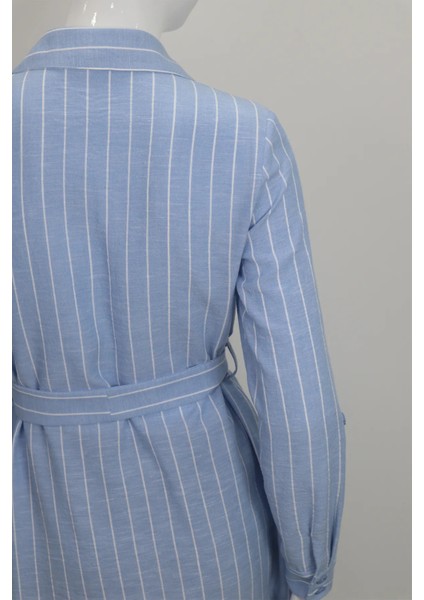 Fistan Store Kadın Açık Mavi Çizgili Spor Kesim Beli Fularlı Rahat Kalıp Yazlık Tunik indirimleri