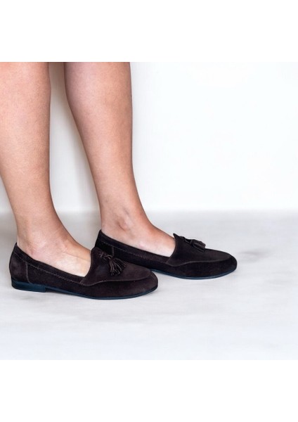 Kahve Süet Hakiki Deri Püsküllü Kadın Loafer Ayakkabı