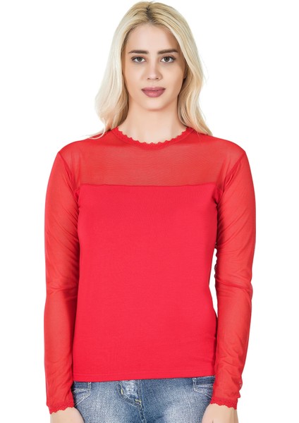 Derya Kurşun Uzun Kol Transparan Yaka Kadın Tişört 293