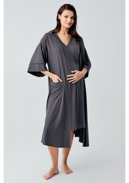 Kısa Kollu Esnek Viskoz Hamile Sabahlık Gecelik Takım 16400