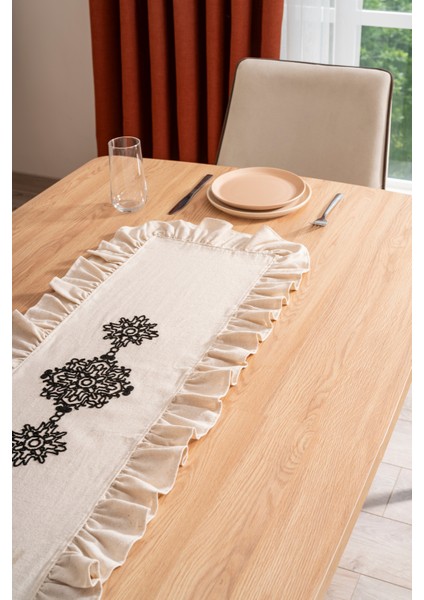 Natural Pamuk Keten Fırfırlı, Siyah Punch Zincir Nakışlı 40*110 cm Runner fırsatları