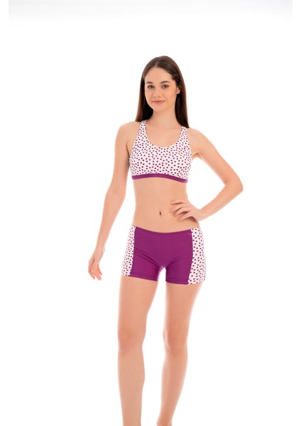 Rukomayo Mor Desenli Sırtı Çapraz Yüzücü Model Çocuk Freeset Şortlu Bikini