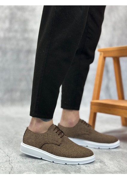 ET0003 Bağcıklı Klasik Spor Keten Kahverengi Beyaz Taban Casual Erkek Ayakkabı