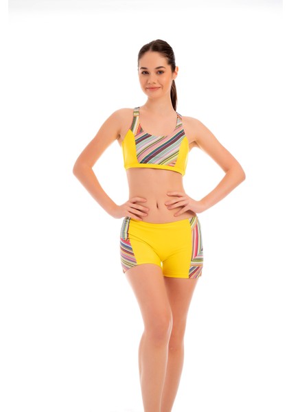 Rukomayo Sarı Çocuk Sırtı Çapraz Freeset Şortlu Yüzücü Bikini