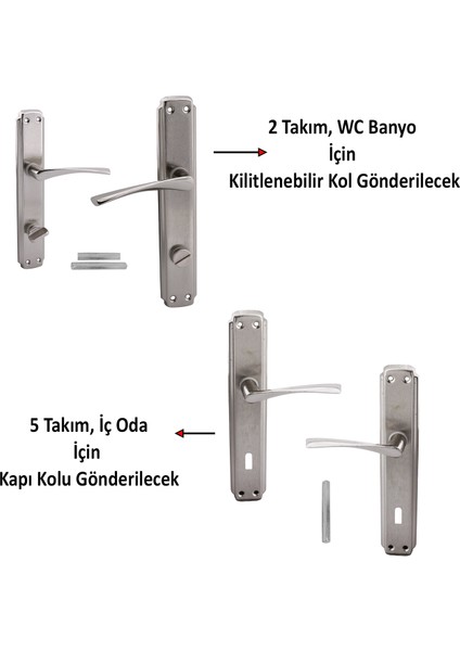 Oda Kapı Kolu ( 5 Takım ) + Wc Banyo Kapı Kolu ( 2 Takım ) Sağa Sola Uygun Tuvalet Kapı Kolu Seti