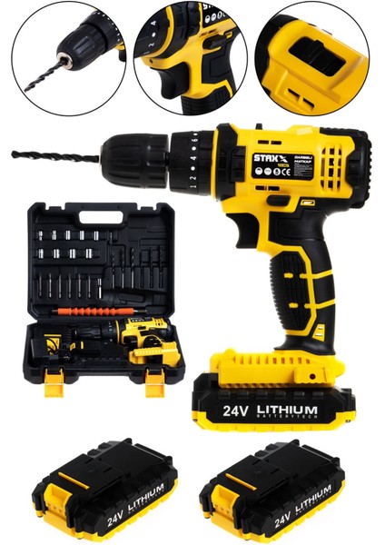Şarjlı Matkap Vidalama Metal Dişli Çift Şanzıman Çift Akülü 24 V 5 Ah 24 Parça Set