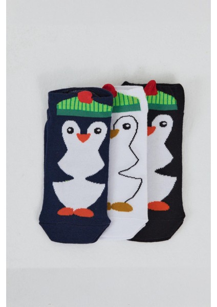 Renkli 3'lü Penguen Desenli Örme Patik Çorap 1104