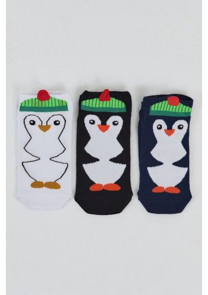 Renkli 3'lü Penguen Desenli Örme Patik Çorap 1104 fiyatları