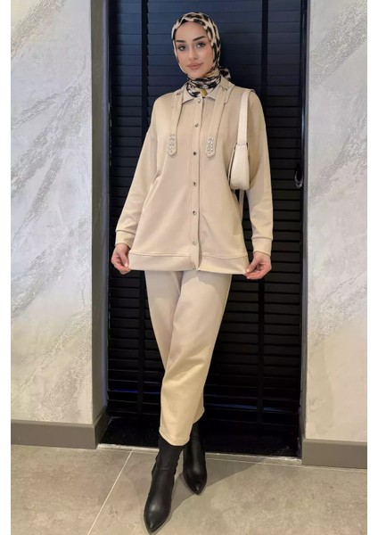 Taş Detaylı Çıtçıt Detaylı Tunik Pantolon Tesettür Ikili Takım P-00015582