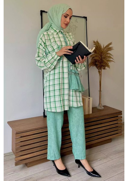 Ekose Desenli Fırfırlı Tunik Pantolon Tesettür Ikili Takım P-00012517