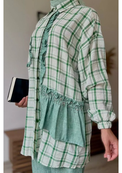 Ekose Desenli Fırfırlı Tunik Pantolon Tesettür Ikili Takım P-00012517 modelleri