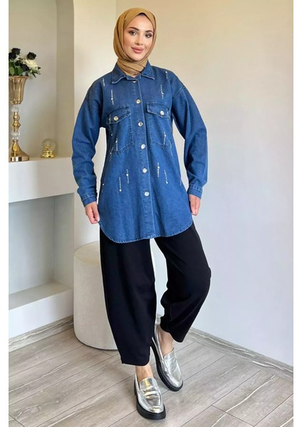 Taşlı Çift Cepli Tesettür Kot Jean Ceket P-00012672