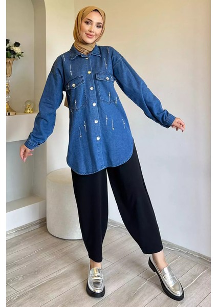 Taşlı Çift Cepli Tesettür Kot Jean Ceket P-00012672 fiyatları