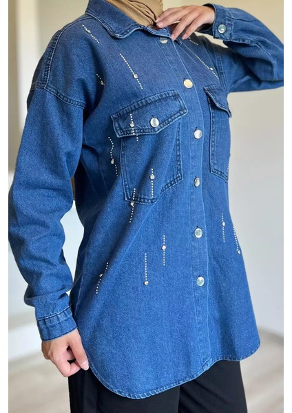 Taşlı Çift Cepli Tesettür Kot Jean Ceket P-00012672 modelleri