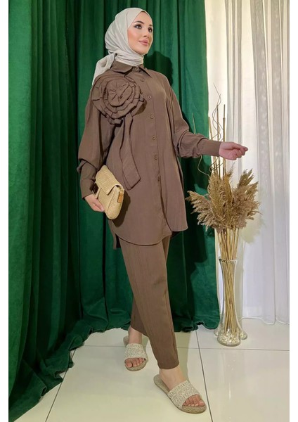 Gül Figürlü Tesettür Yazlık Tunik Pantolon Ikili Takım P-00012117