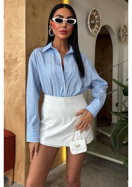 Önü Taşlı Çizgili Salaş Gömlek 3468-08