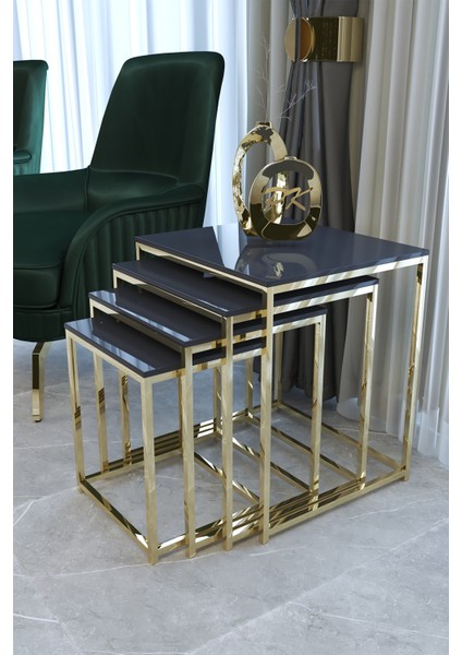 Duru 4'lü Kare Zigon Sehpa Seti Gold Ayak, Antrasit Mdf