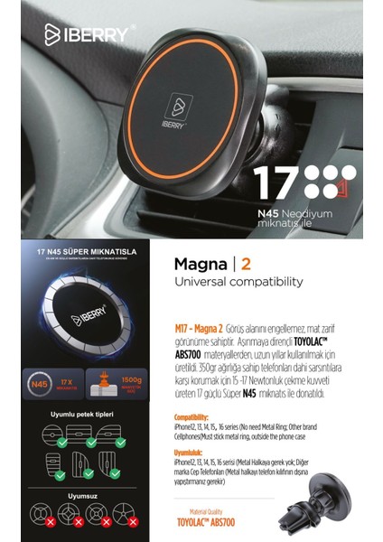 Magna2 Kırmızı Klipsli Manyetik Araç Içi Telefon Tutucu Tüm Cihazlarla Uyumludur