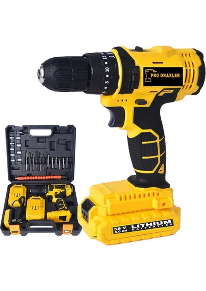 Pro Draxler Fachfrau Alman 24 Parça 58 V 8 Ah LED Işıklı Çift Akülü Vidalama Matkap - Sarı