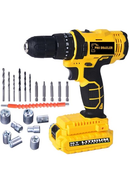 Pro Draxler Fachfrau Alman 24 Parça 58 V 8 Ah LED Işıklı Çift Akülü Vidalama Matkap - Sarı fiyatları